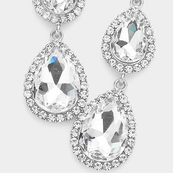 Silver Dangle Crystal Earrings 2.7 Inch Triple Teardrop Stone Drop Down Jewelry - Picture 2 of 2